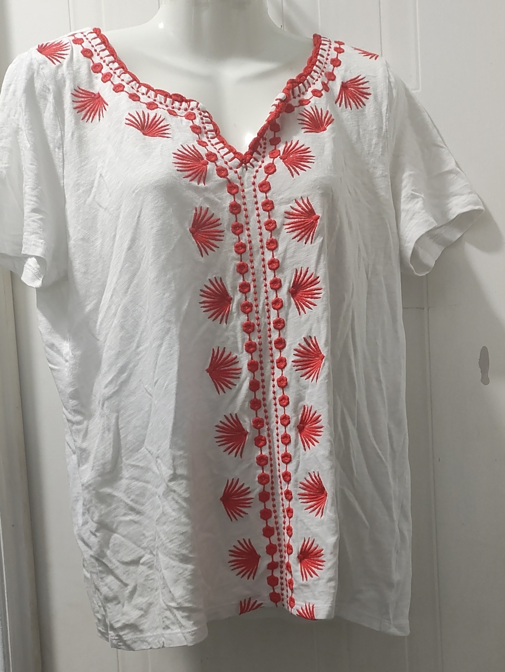 Talbots White Tunic Top with Red Embroidery